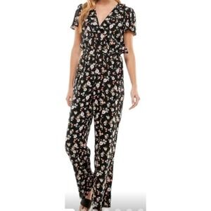 Kingston Grey Floral Jumpsuit Womens Large Black Ruffle Wrap Wide Leg